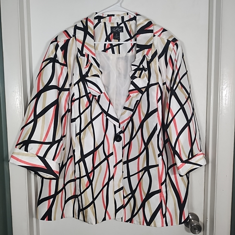 Russell Kemp NY Womens 3X Blazer Jacket 3/4 Sleeve Lined Black Coral Tan Career